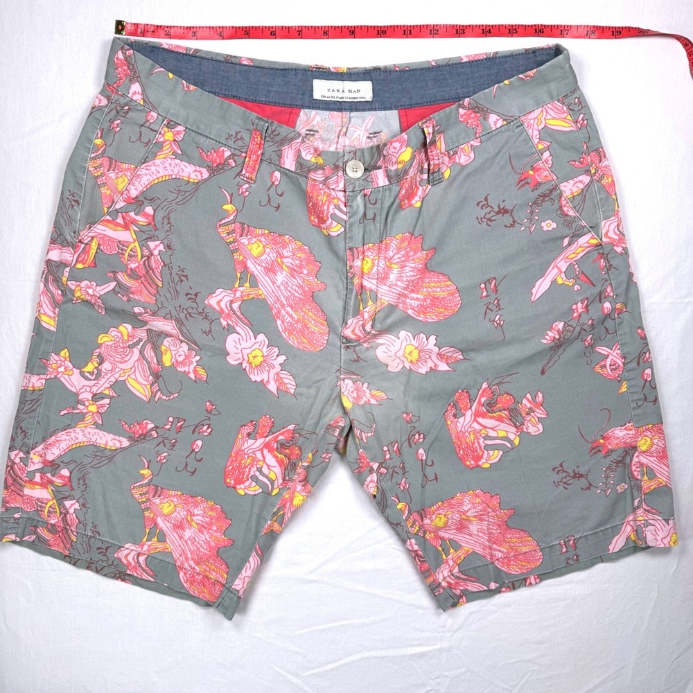 Zara Man Floral Shorts Men's 36 Gray Pink Flat Front Casual Summer - Picture 3 of 9